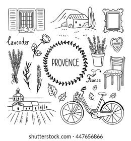Provence hand drawn doodles. Sketch illustrations of Provence, France. Lavender, furniture, architecture, windows, flowers, bicycle, plants