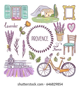 Provence hand drawn illustration. French village elements. Lavender, bicycle, furniture and landscapes