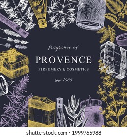 Provence herbs and aromatic ingredients frame. Hand-sketched aromatic and medicinal plants design. Perfect for cosmetics, perfumery, soap, candle making, packaging. Greeting card or invitation design