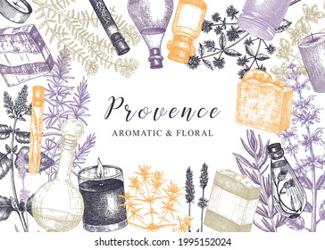 El fondo de las hierbas provenzales es de estilo vintage. Diseño de plantas aromáticas y medicinales esbozadas a mano. Perfecto para cosméticos, perfumería, jabón, fabricación de velas, etiqueta, envasado. Plantilla de ingredientes orgánicos