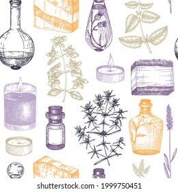 Provence herbs seamless pattern. Hand-sketched aromatic and medicinal plants background. Perfect for cosmetics, perfumery, soap, candle making, label, packaging. Provence style backdrop.