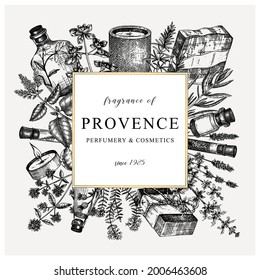 Provence herbs square wreath in vintage style. Hand-sketched aromatic ingredients and medicinal plants design. Perfect for cosmetics, perfumery, soap, candle making, label, packaging, web banners.