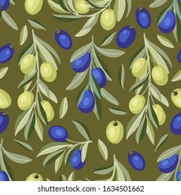 Provence Italian or Greece green and black olive seamless vector pattern. Nature olives floral summer vegetable hand drawn illustration in a flat style.