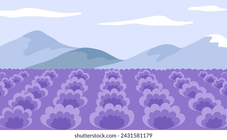 Paisaje de Provenza con campo de lavanda. Escenario de campo de lavanda floreciente simple. Paisaje natural sereno con plantas púrpuras, montañas y cielo. Ilustración minimalista de vector