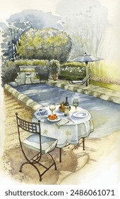 Provence landscape, watercolor illustration. Breakfast table, dinner, pool, lavender, trees. Holiday, relax. Provencal pool in Provence. Watercolor card, postcard, print, poster, room wall decoration.