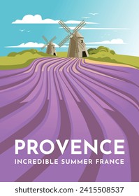 Campos de lavanda provenzales y molinos de viento. Paisaje clásico de Francia. Turismo y viajes. Diseño de afiches. Ilustración vectorial.