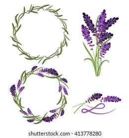 Provence lavender flower bouquet set. Violet lavender wreaths and laurels. L letter badge sign.