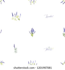 Provence lavender seamless pattern background. Digital ilustration in watercolor style. Hand drawn painting of lavender branches, bouquets and flowers.