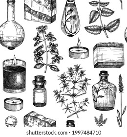 Provence seamless pattern. Hand-sketched aromatic and medicinal plants background. Perfect for cosmetics, perfumery, soap, candle making, label, packaging. Provence herbs backdrop.
