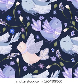 Provence seamless vector bird pattern in a flat style. Lavender blossom flower summer art and cute hand drawn animal