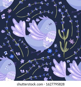 Provence seamless vector blue bird pattern in a flat style. Lavender blossom flower summer art and cute hand drawn animal.
