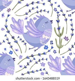 Provence seamless vector blue bird pattern in a flat style. Lavender blossom flower summer art and cute hand drawn animal on a white background.