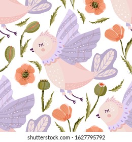 Provence seamless vector cute bird pattern with wild poppy flower in a flat style. Floral fabric animal, summer illustration on a white background.