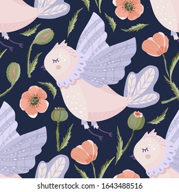 Provence seamless vector cute bird pattern with wild poppy flower in a flat style. Floral fabric animal, summer illustration on a blue background.