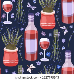 Provence seamless vector vintage pattern in a flat style. Lavender flower bouquet and alcohol red wine bottle and glass summer art.