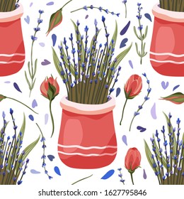 Provence seamless vector vintage pattern in a flat style. Lavender and rose blossom flower bouquet in a red vase summer art on a white background.