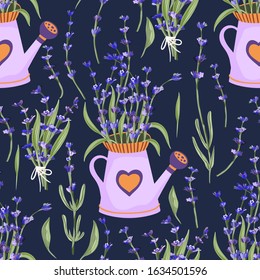 Provence seamless vector vintage pattern in a flat style. Lavender bouquet in watering can basket, vase blossom flower summer art on a white background.
