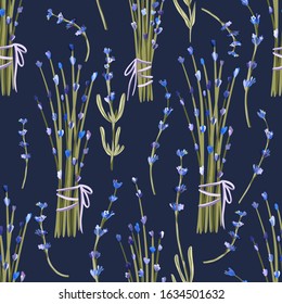Provence seamless vector vintage pattern in a flat style. Lavender blossom flower bouquet summer art on a blue background.