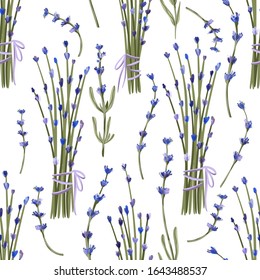 Provence seamless vector vintage pattern in a flat style. Lavender blossom flower bouquet summer art on a white background.