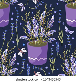 Provence seamless vector vintage pattern in a flat style. Lavender blossom flower summer art. Bouquet, basket, vase ornament with butterfly on a blue background.