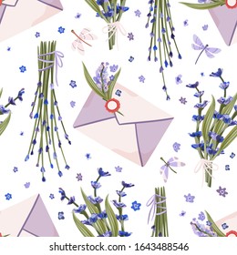 Provence nahtlose Vektorillustration Vintage Muster in einem flachen Stil. Lavendelblüte Blumenstrauß Sommerkunst mit Briefumschlag und Schmetterling.