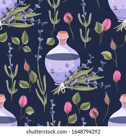 Provence seamless vector vintage pattern in a flat style. Lavender and rose blossom flower bouquet with lavender oil bottle summer art on a blue background.