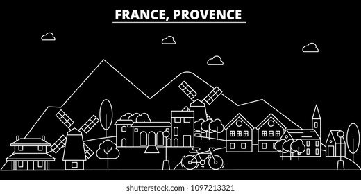 Provence silhouette skyline. France - Provence vector city, french linear architecture, buildings. Provence travel illustration, outline landmarks. France flat icons, french line banner