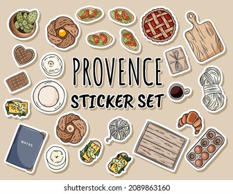 Juego de stickers de Provenza. Doodles rústicos decorativos. Colección de adorables objetos de esquema de estilo de dibujos animados relacionados con el hogar y la comida. Etiquetas vectoriales dibujadas a mano