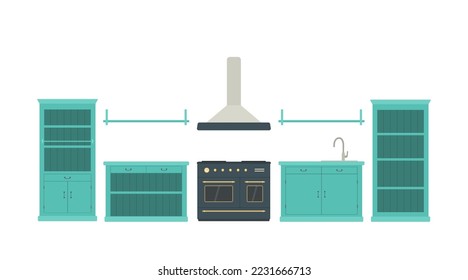 Blaue Küche im provenzalischen Stil. Rustikales Innenkonzept. Holzmöbel. Cartoon-Flachstil. Vektorgrafik
