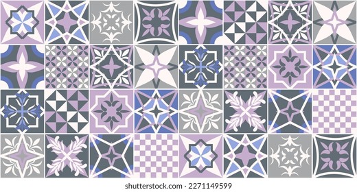 Provence style French tiles design. Mediterranean ceramic tile set with various ornaments. Seamless pattern.