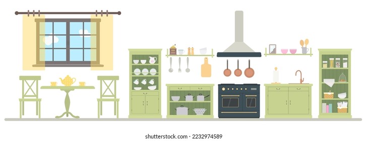 Cocina verde de estilo provenzal con utensilios de cocina. Mobiliario de madera. El concepto de interior rústico. Caricatura de estilo plano. Ilustración del vector