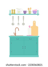 Provence style kitchen cabinet in blue color with pots and kitchen utensils. Rustic interior concept. Wooden furniture. Cartoon flat style. Vector illustration