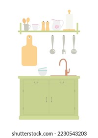 Provence style kitchen cabinet in green color with kitchen utensils. Rustic interior concept. Wooden furniture. Cartoon flat style. Vector illustration