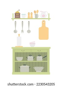 Provence style kitchen cabinet in green color with pots and kitchen utensils. Rustic interior concept. Wooden furniture. Cartoon flat style. Vector illustration