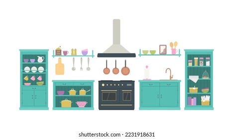 Provence style kitchen with kithenwear. Rustic interior concept. Wooden furniture. Cartoon flat style. Vector illustration