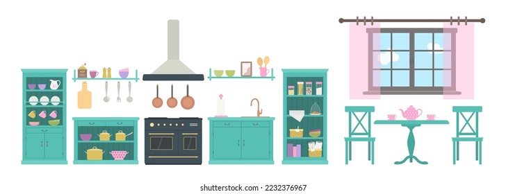 Provence style kitchen with kithenwear. Wooden furniture. Rustic interior concept.  Cartoon flat style. Vector illustration