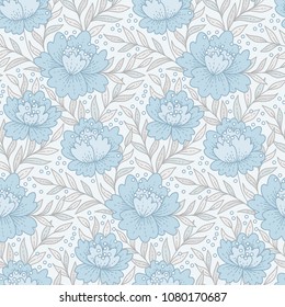 Provence style pattern with  grey leaves and blue peonies on light background. Seamless pattern for your design and decoration
