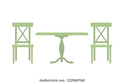 Dos sillas y una mesa de estilo provenzal aisladas en un fondo blanco. El concepto de interior rústico. Mobiliario de madera. Caricatura de estilo plano. Ilustración del vector
