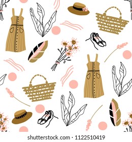 Provence summer seamless pattern. Fashion texture with hat, dress, flowers, basket, shoes