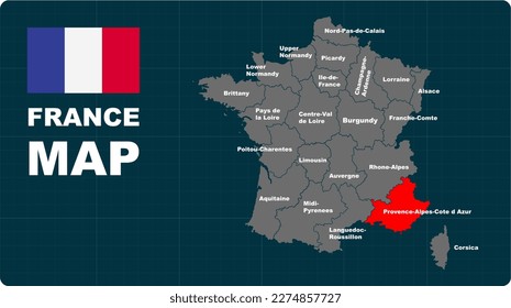 Provence-Alpes-Cote Map, Provence-Alpes-Cote red highlighted in 🇫🇷 FANCE 🇫🇷 map, flat design illustration vector