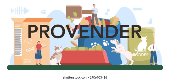 Provender typographic header. Food for pet production. Dog and cat bowl and food package. Meal for domestic animal. Isolated flat vector illustration