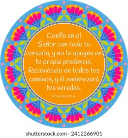 Proverbios 3:5-6 "Confía en el Señor con todo su corazón" en español. Hermoso mandala de estilo mexicano con texto de oración. Uso para vacaciones, eventos cristianos, decoración de biblias, arte mural, impresión,