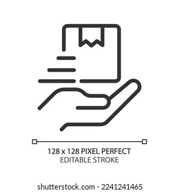 Provide delivery service pixel perfect linear icon. Commercial distribution. Order shipment. Logistics. Thin line illustration. Contour symbol. Vector outline drawing. Editable stroke. Arial font used