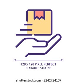 Provide delivery service pixel perfect RGB color icon. Commercial distribution. Order shipment. Logistics. Isolated vector illustration. Simple filled line drawing. Editable stroke. Arial font used