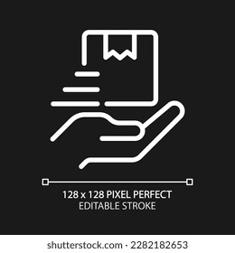 Proporcionar un icono lineal blanco perfecto para un tema oscuro. Distribución comercial. Logística. Ilustración de línea delgada. Símbolo aislado para el modo nocturno. Trazo editable. Tipo de letra arial utilizado