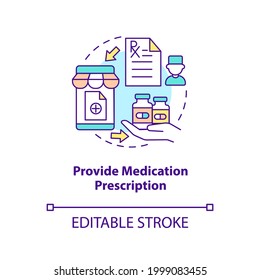 Provide medication prescription concept icon. Online pharmacy idea thin line illustration. Online medication order steps. Vector isolated outline RGB color drawing. Editable stroke