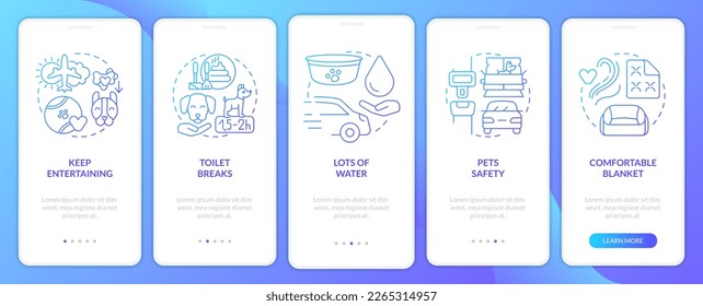 Provide pets comfort onboarding blue gradient mobile app screen. Animal travel walkthrough 5 steps graphic instructions with linear concepts. UI, UX, GUI template. Myriad Pro-Bold, Regular fonts used