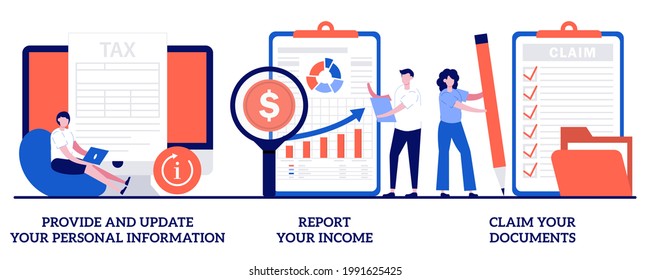 Provide and update your personal information, report your income, claim documents concept with tiny people. Tax filing vector illustration set. Tax credits and expenses, financial report metaphor.