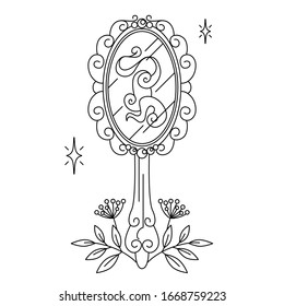 Providence by mirror. Outline illustration for adult coloring book. Smoke reflection in cute hand mirror. Isolated symbol prediction of future, vision of spiritual, extrasensory and oracle