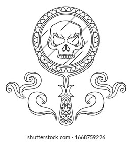 Providence by mirror. Skull in reflection - outline picture for adult coloring book. Isolated symbol of bad luck, evil rock, misfortune. Prediction of future, vision of spiritual, extrasensory concept